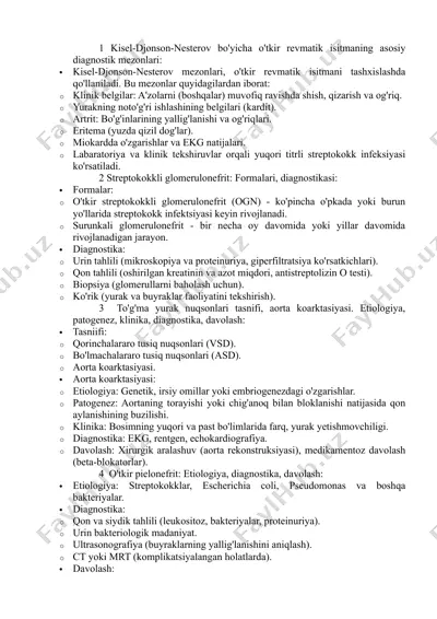 kisel-djonson-nesterov bo'yicha o'tkir revmatik isitmaning asosiy diagnostik mezonlari — DOCX