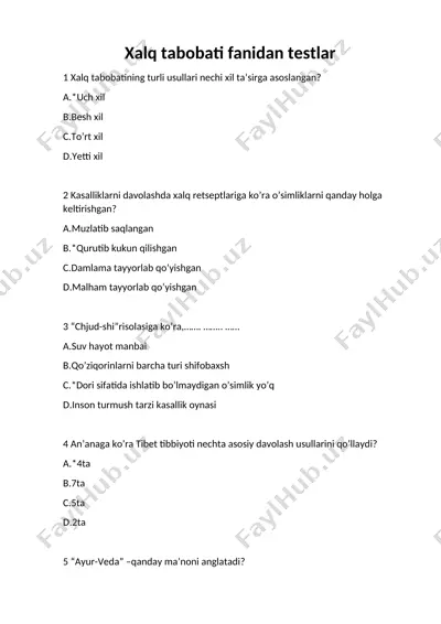 xalq tabobati fanidan testlar — DOCX