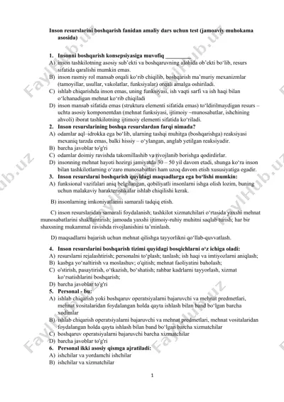 inson resurslarini boshqarish fanidan amaliy dars uchun test (jamoaviy muhokama asosida) — DOCX