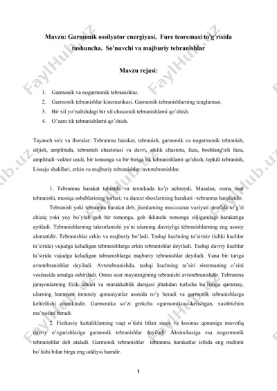 garmonik ossilyator energiyasi. fure teoremasi to'g'risida tushuncha. — DOC