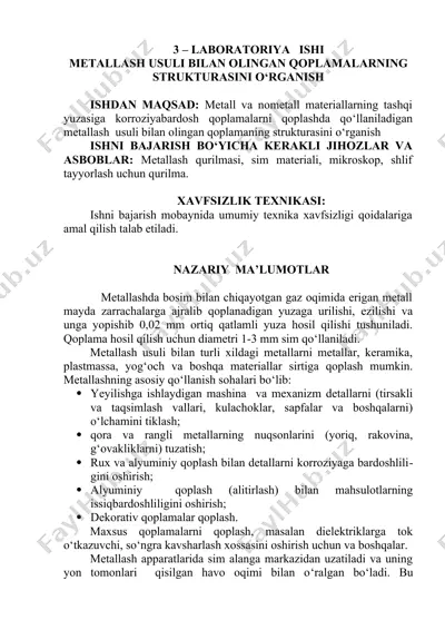 metallash usuli bilan olingan qoplamalar strukturasi — DOCX