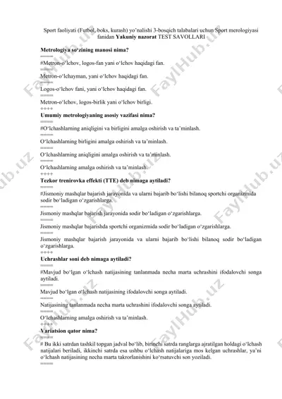 sport merologiyasi fanidan yakuniy nazorat test savollari — DOCX