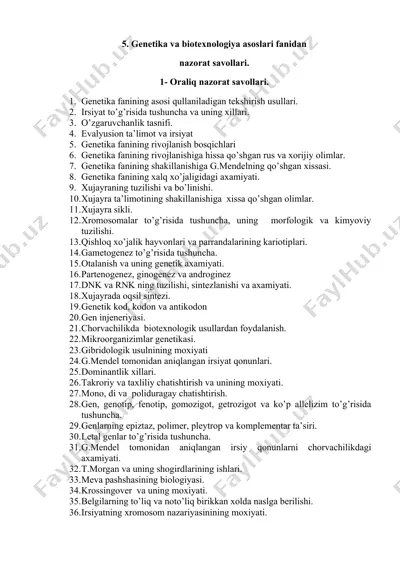 genetika va biotexnologiya asoslari fanidan nazorat savollari — DOC