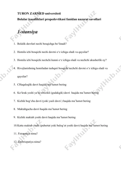 bolalar kasalliklari propedevtikasi fanidan nazorat savollari — DOCX