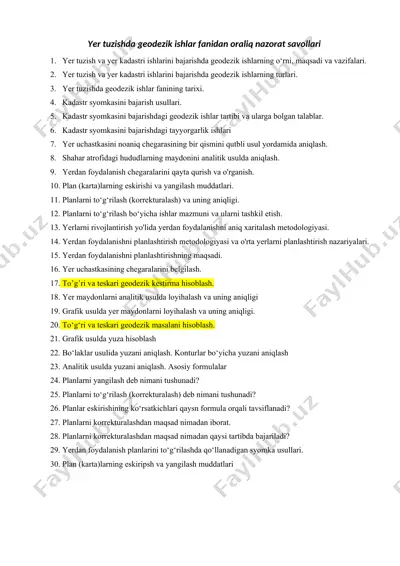 yer tuzishda geodezik ishlar fanidan oraliq nazorat savollari — DOCX
