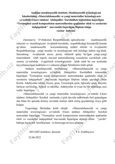 "termoplast asosli kompozitsion materiallardan qoplamlar olish va xosslarini tadqiqotlash" — DOCX