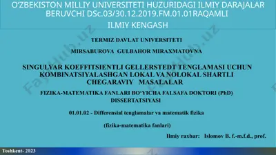 singulyar koeffitsientli gellerstedt tenglamasi uchun kombinatsiyalashgan lokal va nolokal shartli chegaraviy masalalar — PPTX