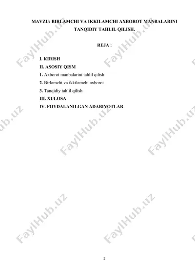 birlamchi va ikkilamchi axborot manbalarini tanqidiy tahlil qilish — DOCX
