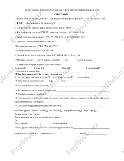 bitiruv to'g'risidagi ma'lumotlarni aniqlash uchun savolnomai — DOCX