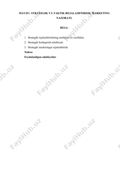 strategik va taktik rejalaştirish, marketing nazorati — DOCX