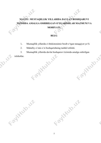 mustaqillik yillarida davlat boshqaruv tizimida amalga oshirilgan o'zgarishlar mazmuni va mohiyati — DOCX