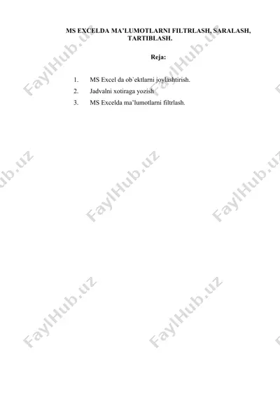 ms excelda ma'lumotlarni filtrlash, saralash, tartiblash — DOC