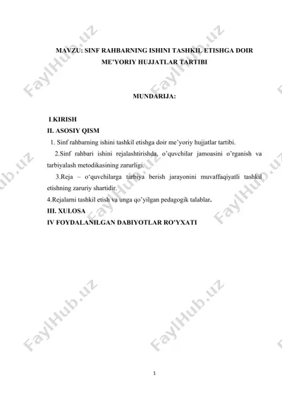 sinf rahbarning ishini tashkil etishga doir me’yoriy hujjatlar tartibi — DOCX