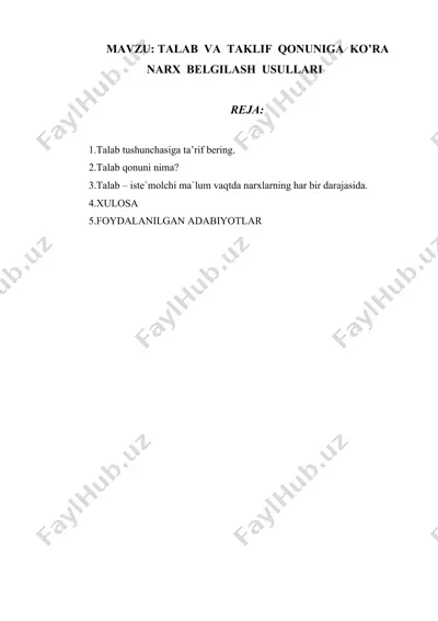 talab va taklif qonuniga ko'ra narx belgilash usullari — DOCX