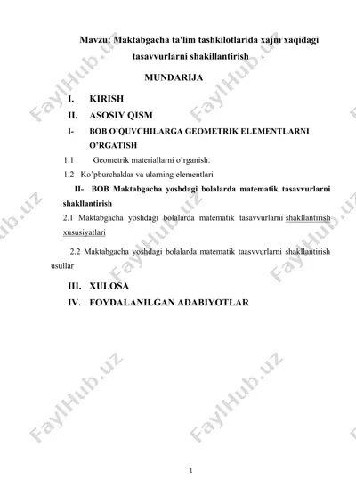 maktabgacha ta'lim tashkilotlarida xajm xaqidagi tasavvurlarni shakillantirish — DOCX