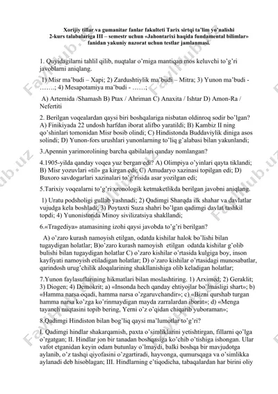 jahontarixi haqida fundamental bilimlar fanidan testlar jamlanmasi — DOCX