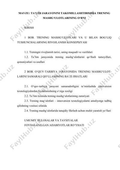 trening mashg'ulotlari va ularning o'rnini takomillashtirish — DOC