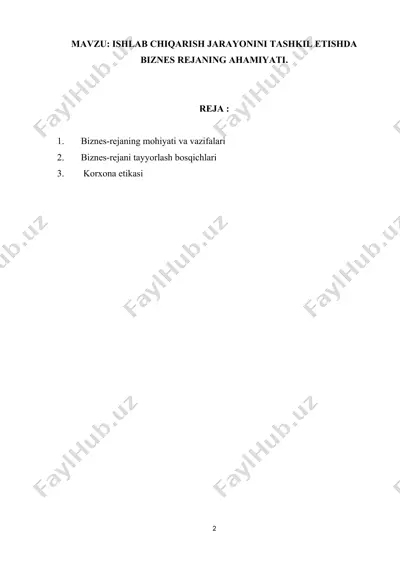 biznes rejani tayyorlash jarayonini tashkil etish — DOCX