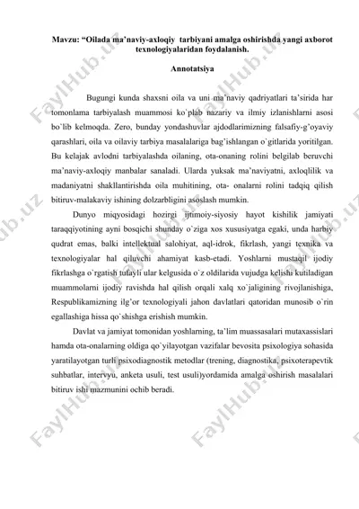 ma’naviy-axloqiy tarbiyaning amalga oshirilishida yangi axborot texnologiyalaridan foydalanish — DOC