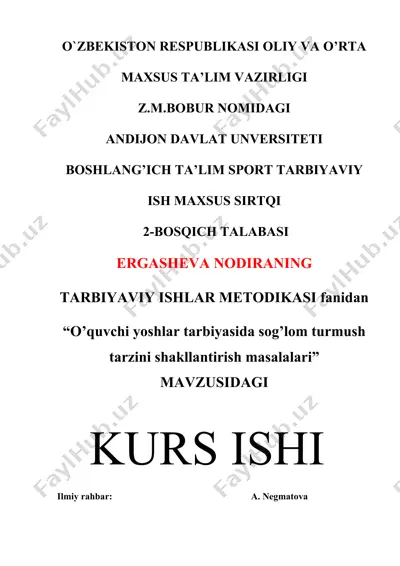 "o'quvchi yoshlar tarbiyasida sog’lom turmush tarzini shakllantirish masalalari" — DOCX
