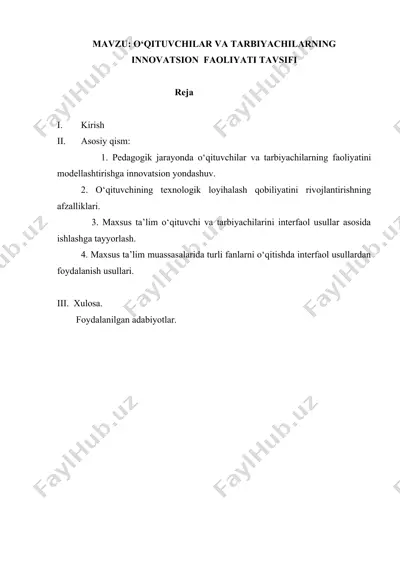 o‘qituvchilar va tarbiyachilarning innovatsion faoliyati tavsifi — DOC