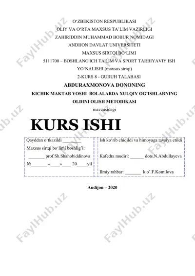 kichik maktab yoshi bolalarda xulqiy og’ishlarning oldini olish metodikasi — DOCX