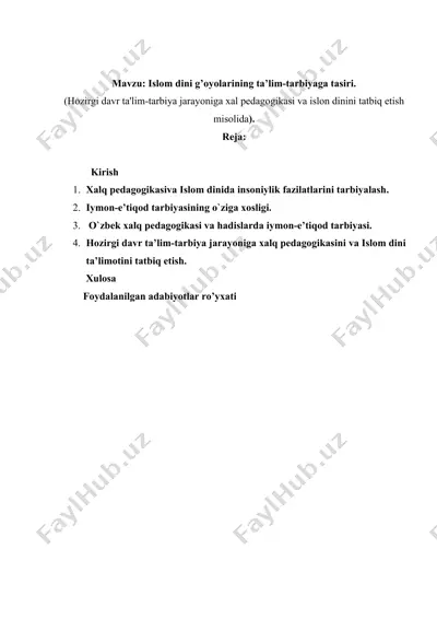 islom dini g’oyolarining ta’lim-tarbiyaga tasiri — DOC