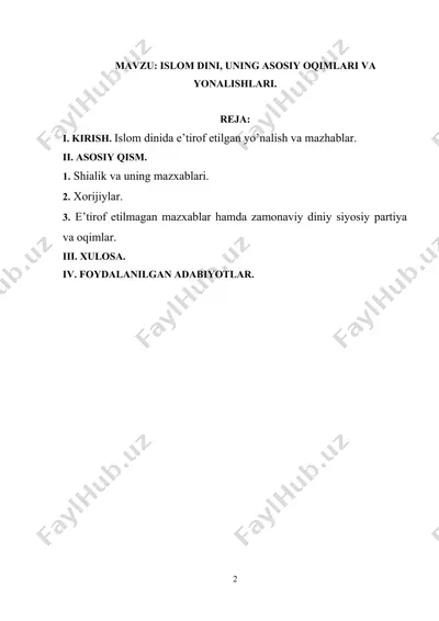 islom dini, uning asosiy oqimlari va yonalishlari — DOC