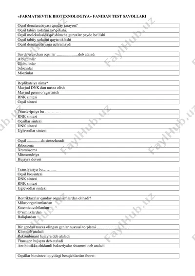 farmatsevtik biotexnologiya fanidan test savollari — DOCX