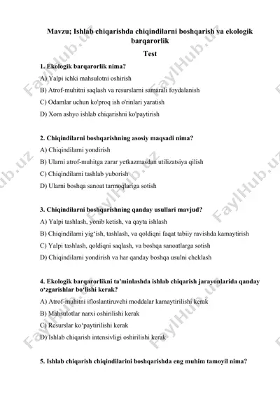ishlab chiqarishda chiqindilarni boshqarish va ekologik barqarorlik testlar — DOCX