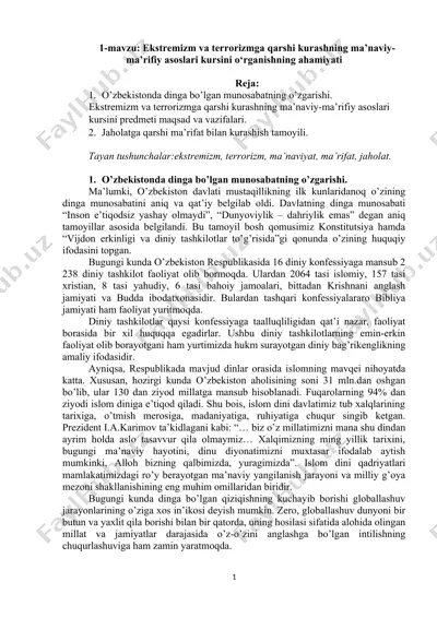 ekstremizm va terrorizmga qarshi kurashning ma’naviy-ma’rifiy asoslari kursi — DOCX