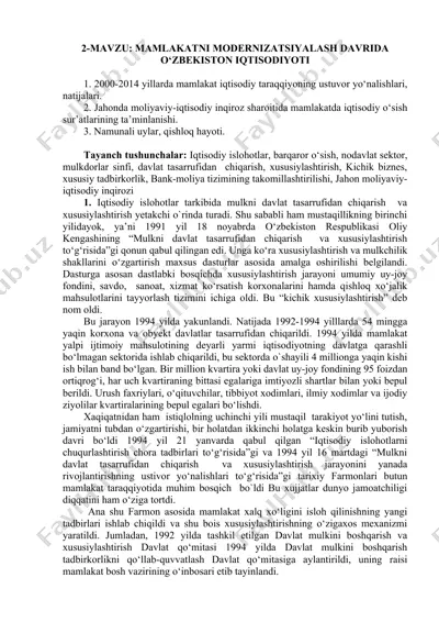 mamlakatni modernizatsiyalash davrida o‘zbekiston iqtisodiyoti — DOC