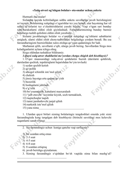 xulq-atvori og‘ishgan bolalar uchun anketa — DOC