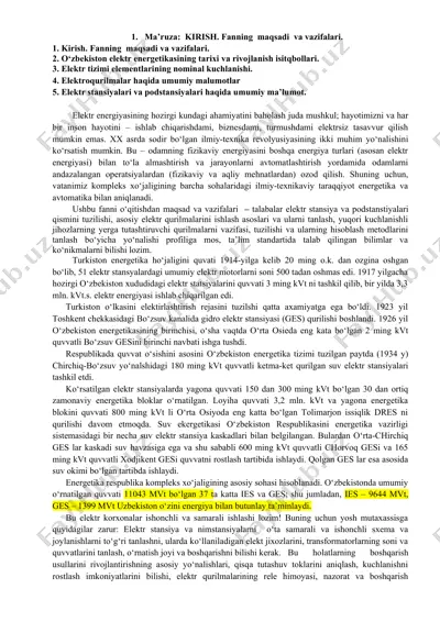 elektr energiyasi fani haqida ma'ruzalar — DOC