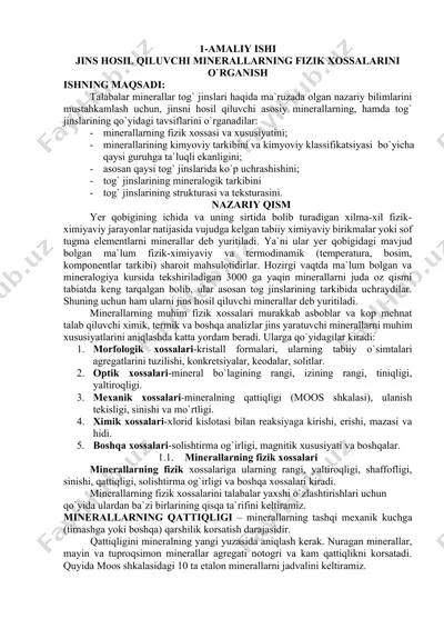 jins hosil qiluvchi minerallarning fizik xossalarini o`rganish — DOCX