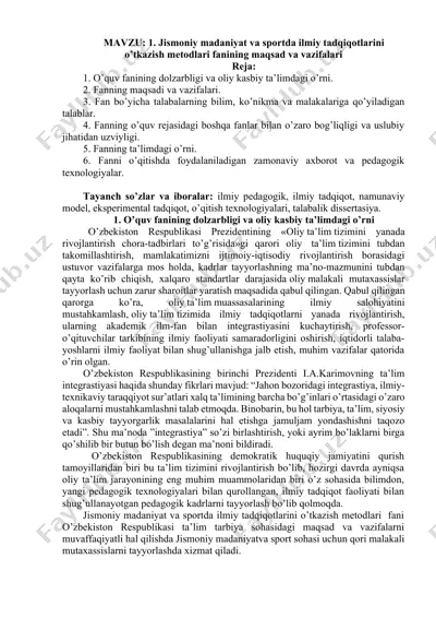 jismоniy madaniyat vа spоrtdа ilmiy tаdqiqotlarini o’tkazish metodlari fаnining mаqsаd vа vаzifаlаri — DOCX