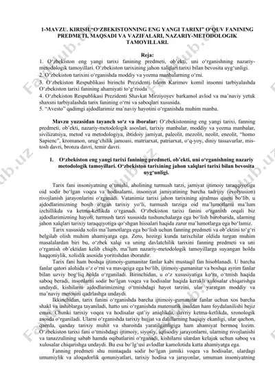 o‘zbekiston eng yangi tarixi fanining predmeti, ob’ekti, uni o‘rganishning nazariy metodologik tamoyillari — DOCX