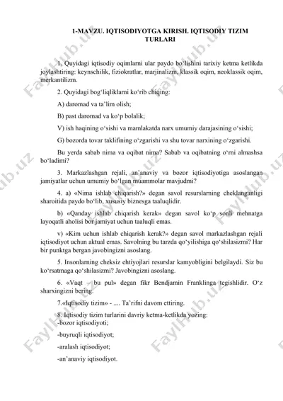 iqtisodiyotga kirish. iqtisodiy tizim turlari — DOCX