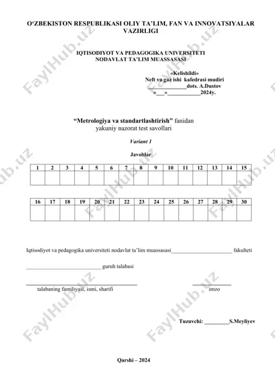 metrologiya va standartlashtirish nazorat test savollari — DOC