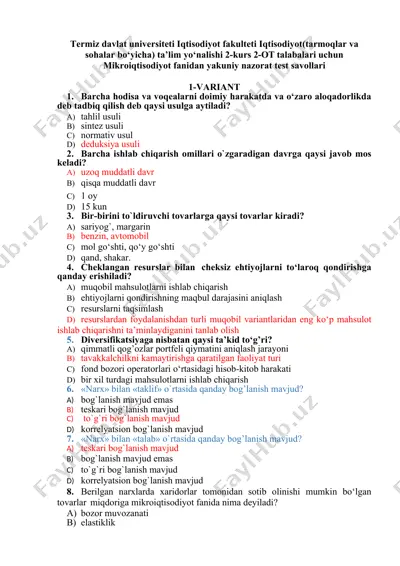 mikroiqtisodiyot fanidan yakuniy nazorat test savollari — DOCX