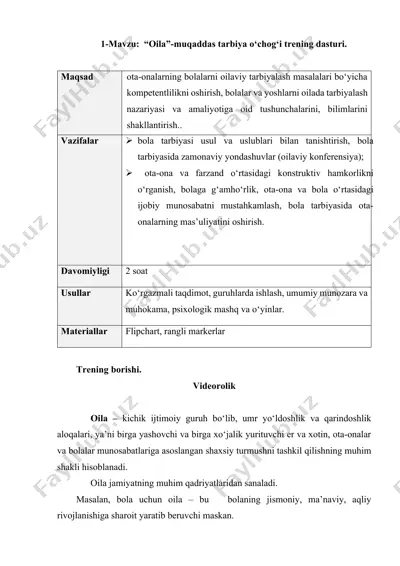 "oila"-muqaddas tarbiya o‘chog‘i trening dasturi — DOCX