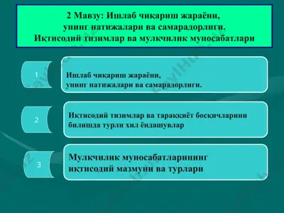 ишлаб чиқариш жараёни, унинг натижалари ва самарадорлиги. иқтисодий тизимлар ва мулкчилик муносабатлари — PPT