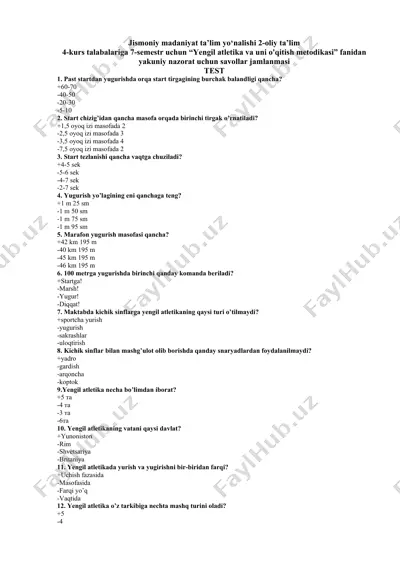 "yengil atletika va uni o'qitish metodikasi nazorat savollari jamlanmasi" — DOCX