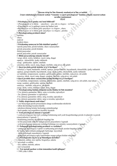 savollar jamg'armasi "umumiy va sport psixologiyasi" fani uchun yakuniy nazorat — DOCX