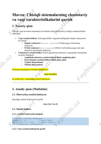 chiziqli sistemalarning chastotaviy va vaqt xarakteristikalarini qurish — DOCX