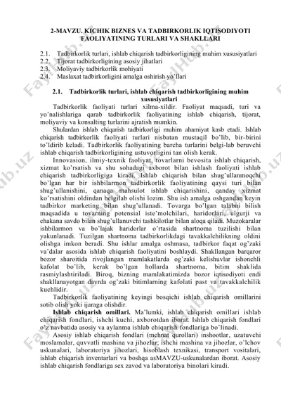 tadbirkorlik faoliyatining turlari va shakllari — DOC