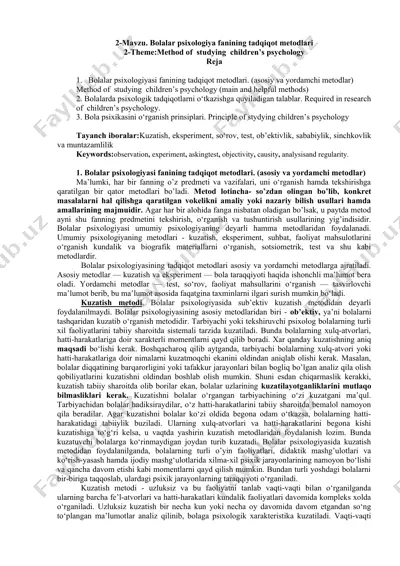 bolalar psixologiya fanining tadqiqot metodlari — DOC