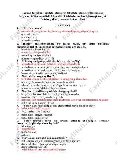 mikroiqtisodiyot nazorat test savollari — DOCX