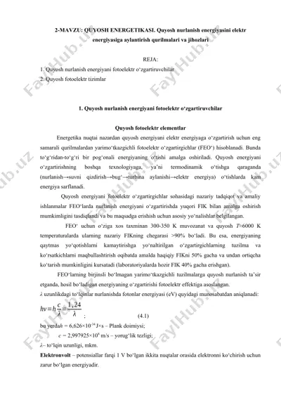 quyosh nurlanish energiyani fotoelektr о‘zgartiruvchilar — DOCX