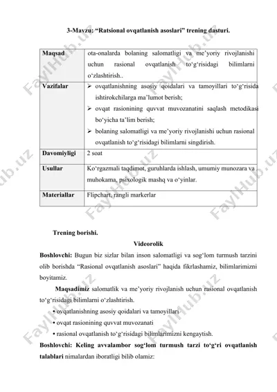 "ratsional ovqatlanish asoslari" trening dasturi — DOCX